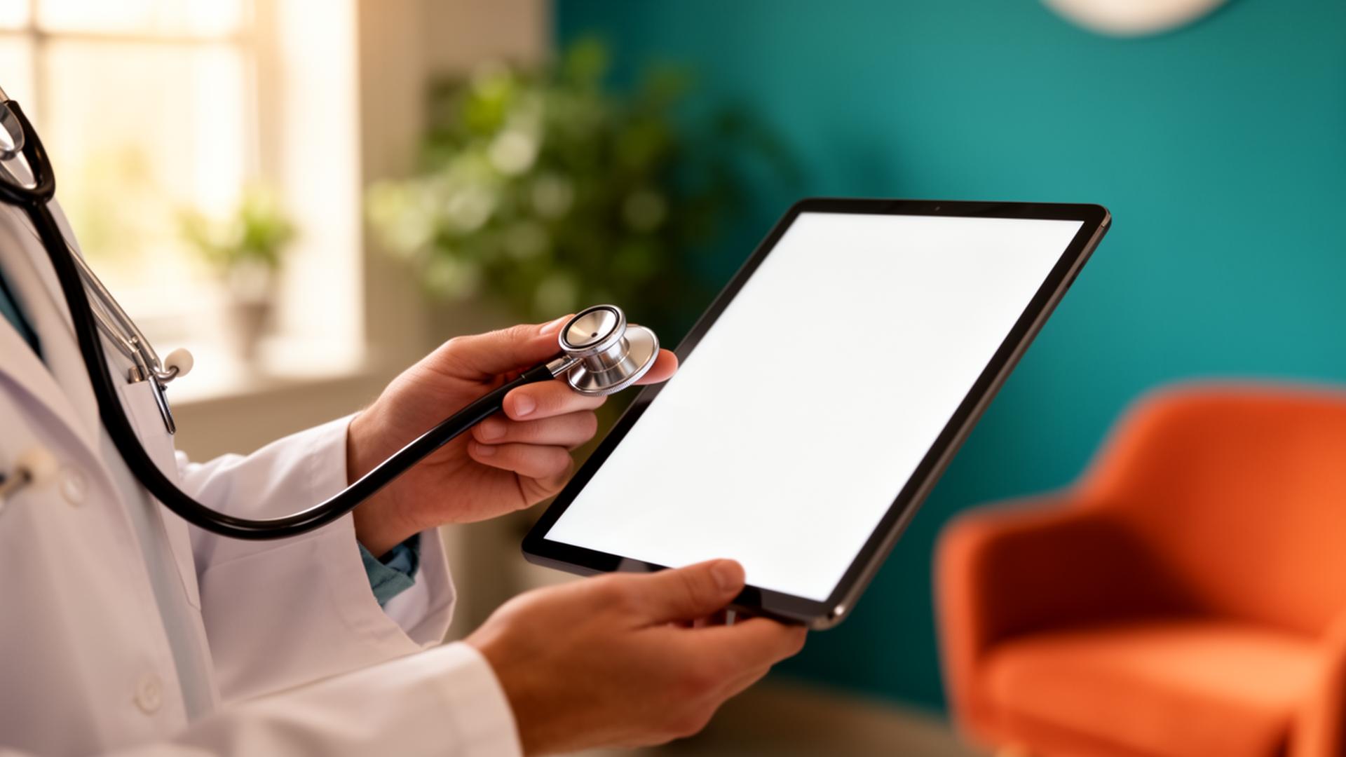 Clinician holding a tablet in a calm modern metabolic care clinic